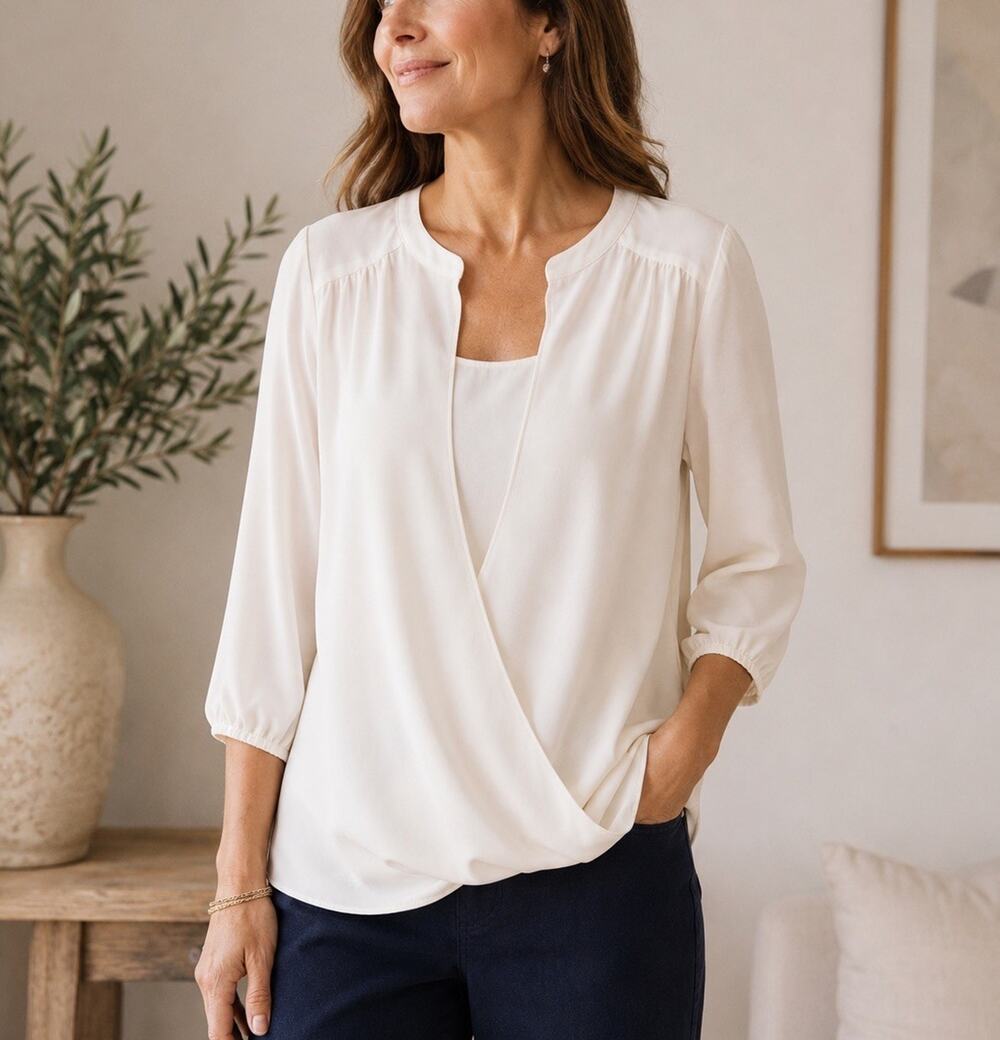 J.Jill Cream Split Front Surplice Top L Large NWT Crepe 3/4 Sleeve Blouse